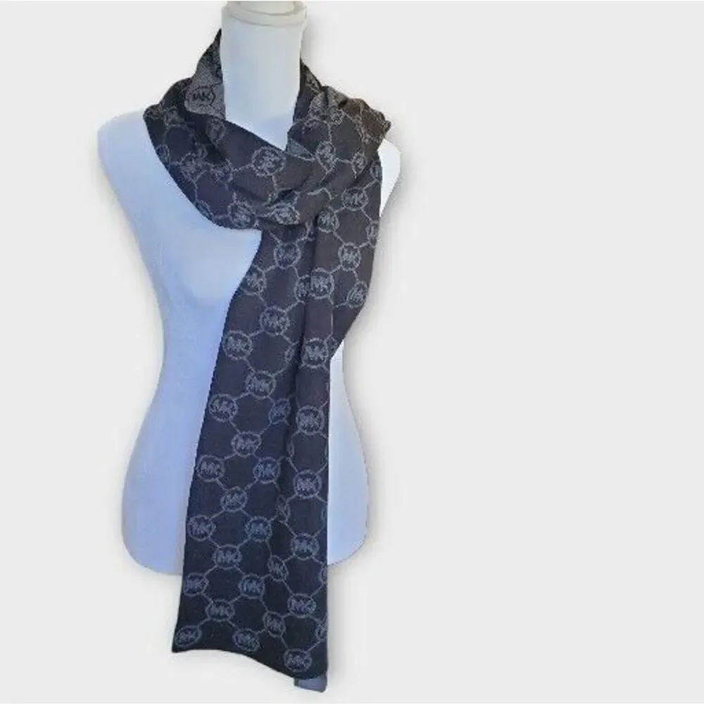 Michael Kors Signature Logo Black Gray Reversible Knit Scarf
